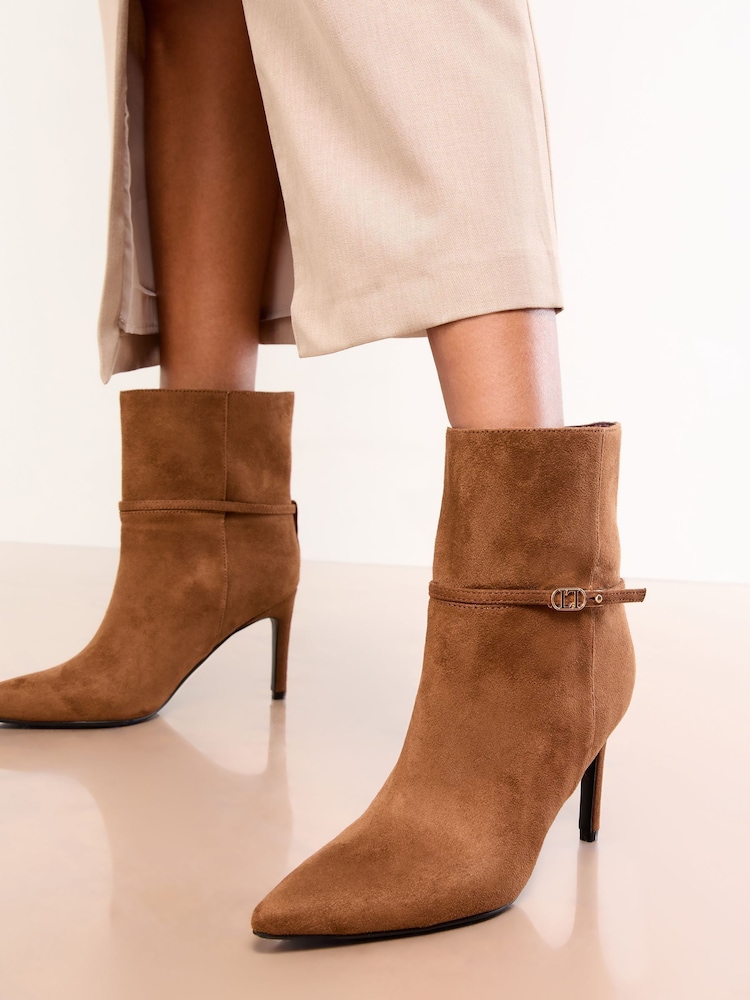 Lipsy Brown Faux Leather Branded High Stiletto Heel Smart Ankle Boots - Image 1 of 5