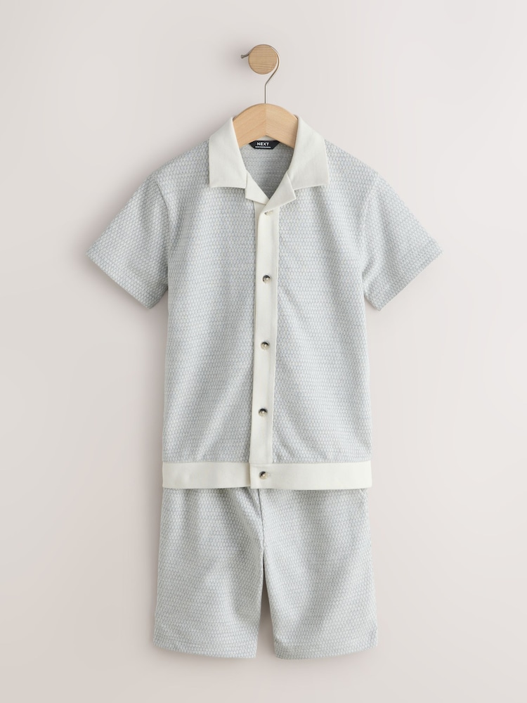 Grey/White Textured - Revere Button Through Shirt and Shorts Set (3-16yrs) - صورة 1 من 4