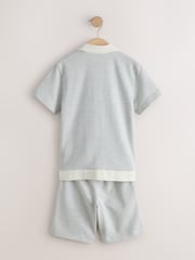 Grey/White Textured - Revere Button Through Shirt and Shorts Set (3-16yrs) - صورة 2 من 4