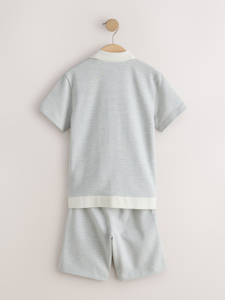 Grey/White Textured - Revere Button Through Shirt and Shorts Set (3-16yrs) - صورة 2 من 4
