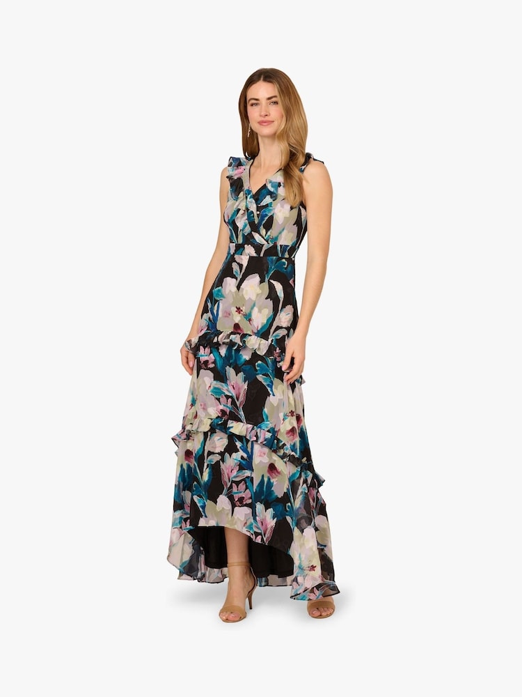 Adrianna Papell Floral Print Ruffle Chiffon Black Gown - Image 1 of 6 Adrianna Papell Floral Print Ruffle Chiffon Black Gown - Image 1 of 6