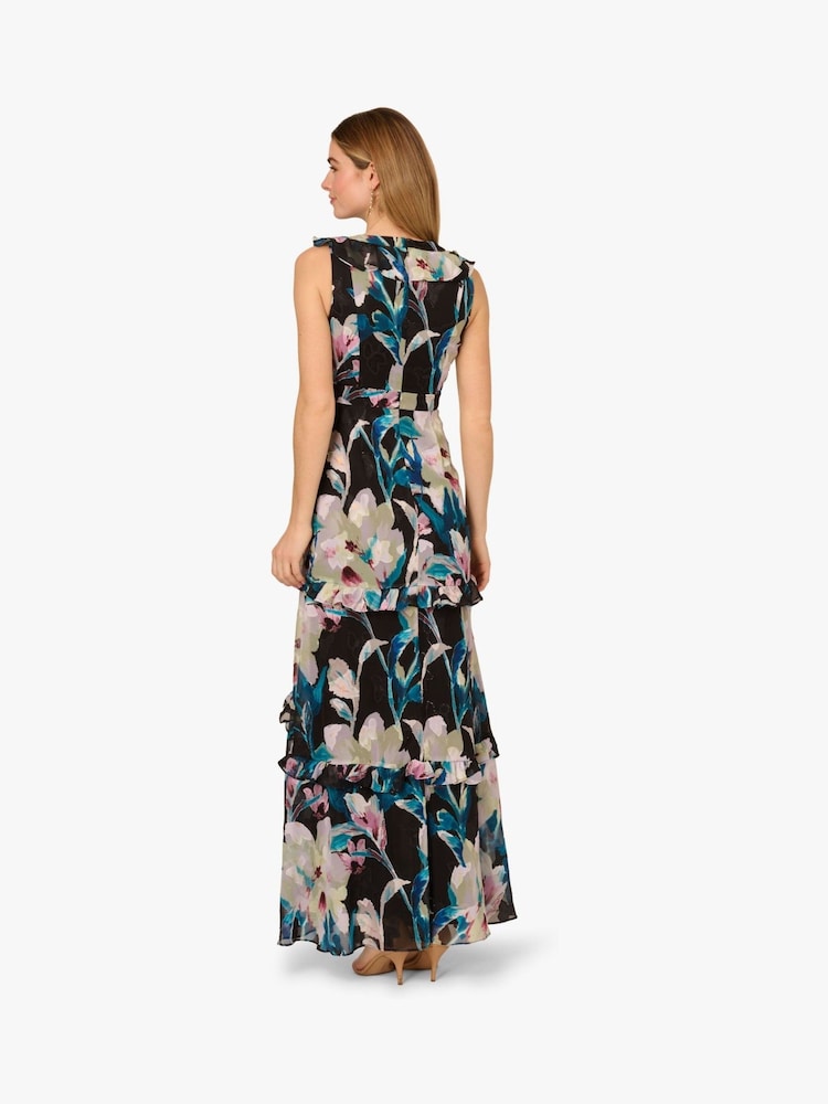 Adrianna Papell Floral Print Ruffle Chiffon Black Gown - Image 2 of 6 Adrianna Papell Floral Print Ruffle Chiffon Black Gown - Image 2 of 6