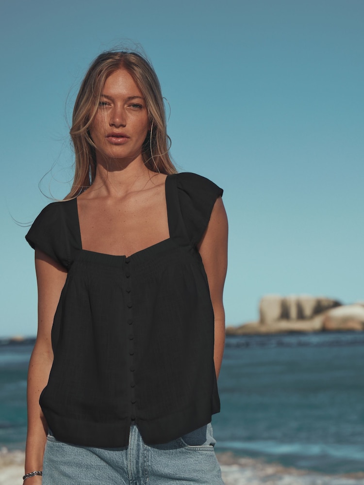 黑色 - 喇叭袖鈕扣前襟亞麻上衣 - 圖片 1，共 6