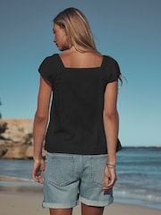 黑色 - 喇叭袖鈕扣前襟亞麻上衣 - 圖片 2，共 6