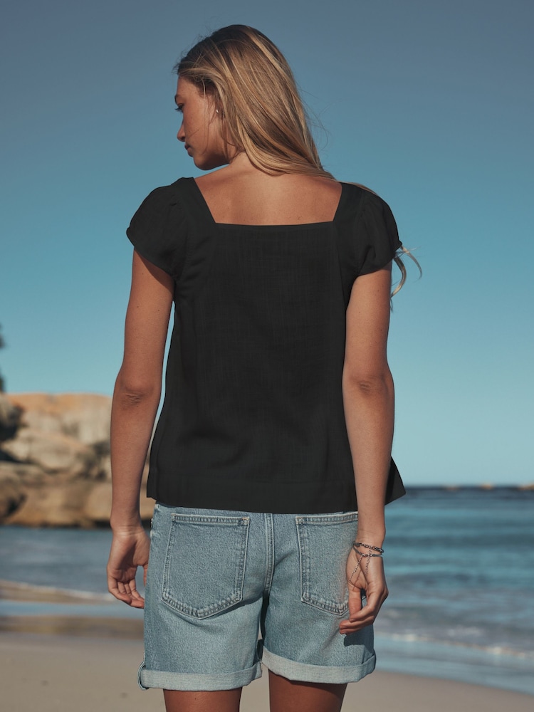 黑色 - 喇叭袖鈕扣前襟亞麻上衣 - 圖片 2，共 6