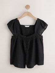 黑色 - 喇叭袖鈕扣前襟亞麻上衣 - 圖片 4，共 6