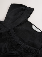 黑色 - 喇叭袖鈕扣前襟亞麻上衣 - 圖片 5，共 6
