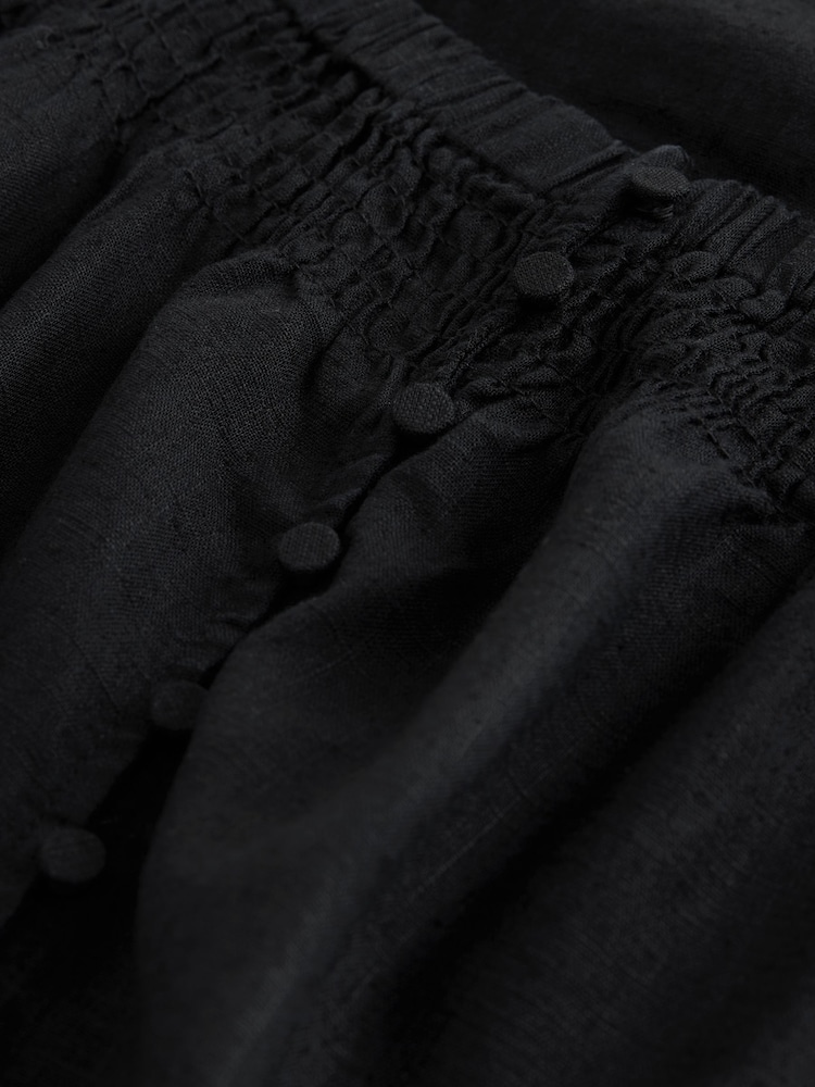 黑色 - 喇叭袖鈕扣前襟亞麻上衣 - 圖片 6，共 6