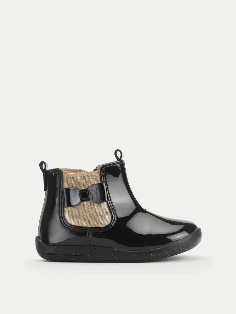 Start-Rite Girls Wonderland Shiny Patent Ankle Zip-Up Bow Chelsea Black Boots - Image 1 of 6