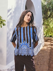 Brown/Blue Stripe Sun Border Print Short Sleeve Boxy T-Shirt with Linen - Image 1 of 7