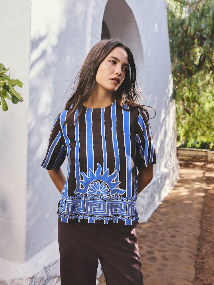Brown/Blue Stripe Sun Border Print Short Sleeve Boxy T-Shirt with Linen - Image 1 of 7