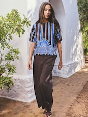 Brown/Blue Stripe Sun Border Print Short Sleeve Boxy T-Shirt with Linen - Image 2 of 7