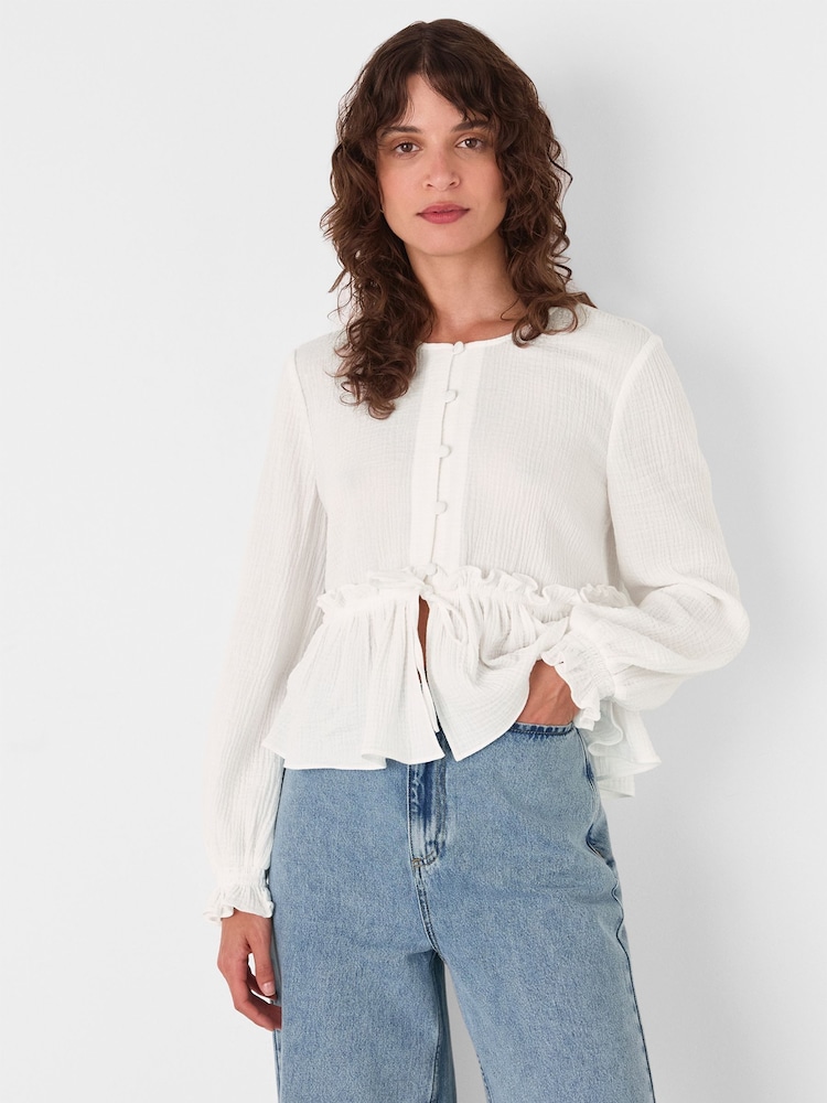 Whistles White Cotton Frill Peplum Blouse - Image 1 of 5