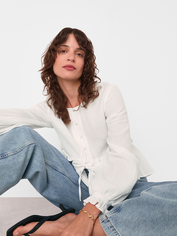 Whistles White Cotton Frill Peplum Blouse - Image 2 of 5