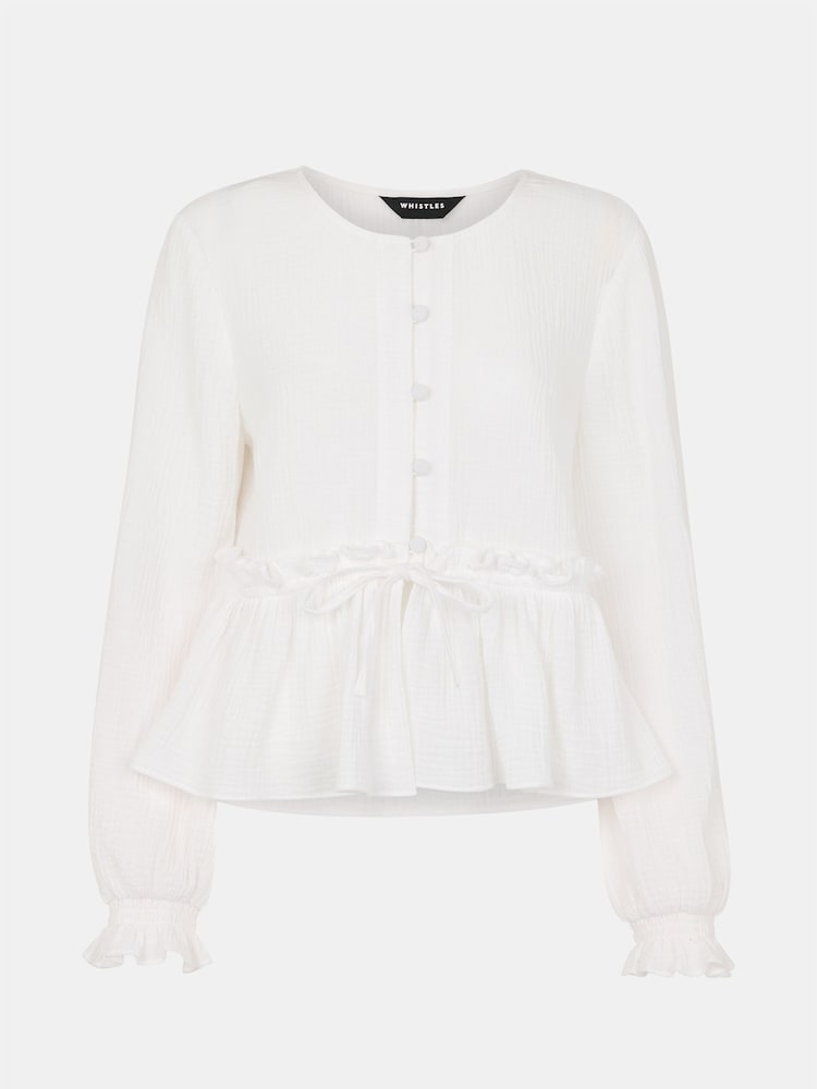 Whistles White Cotton Frill Peplum Blouse - Image 5 of 5