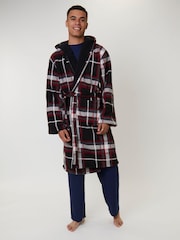 Loungeable Red Check Bonded Fleece Lined Hooded Dressing Gown - Image 1 of 5