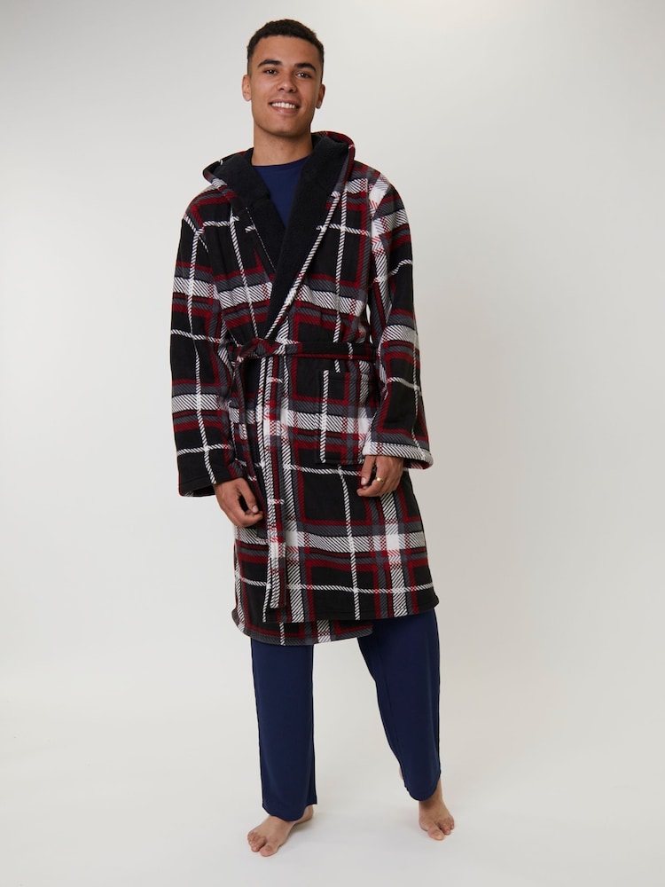 Loungeable Red Check Bonded Fleece Lined Hooded Dressing Gown - Image 1 of 5 Loungeable Red Check Bonded Fleece Lined Hooded Dressing Gown - Image 1 of 5