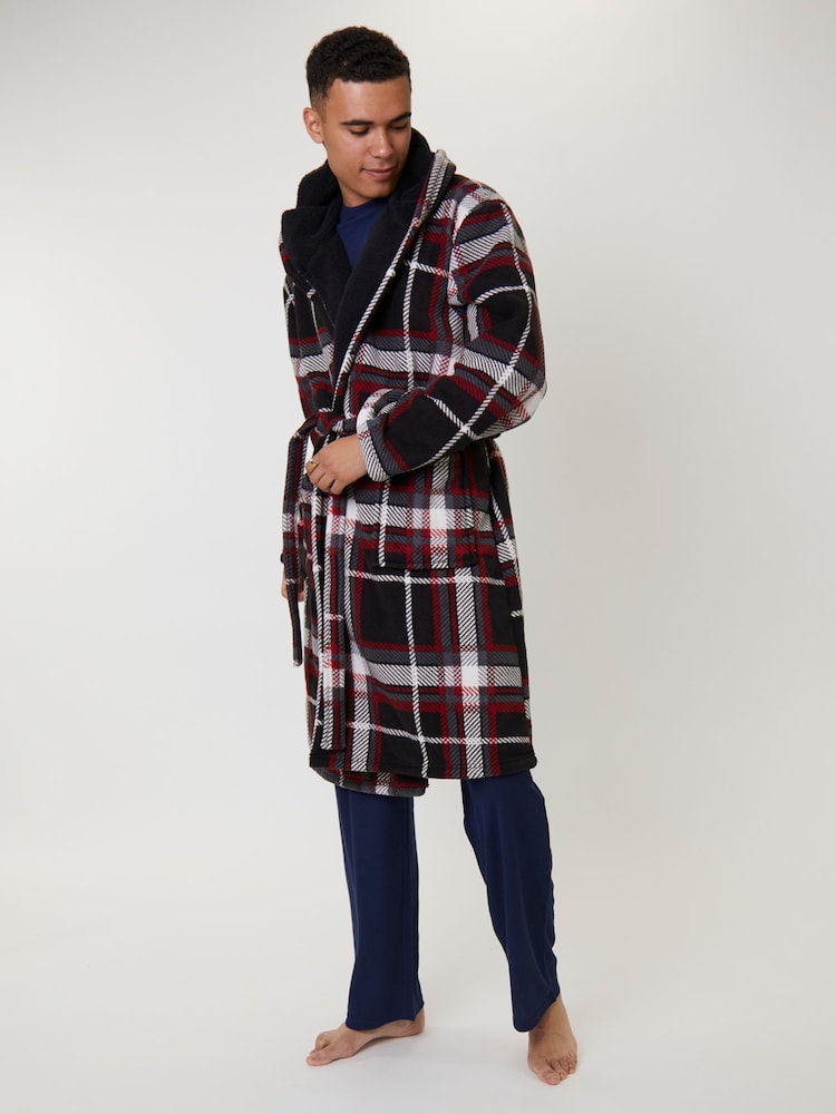 Loungeable Red Check Bonded Fleece Lined Hooded Dressing Gown - Image 2 of 5 Loungeable Red Check Bonded Fleece Lined Hooded Dressing Gown - Image 2 of 5