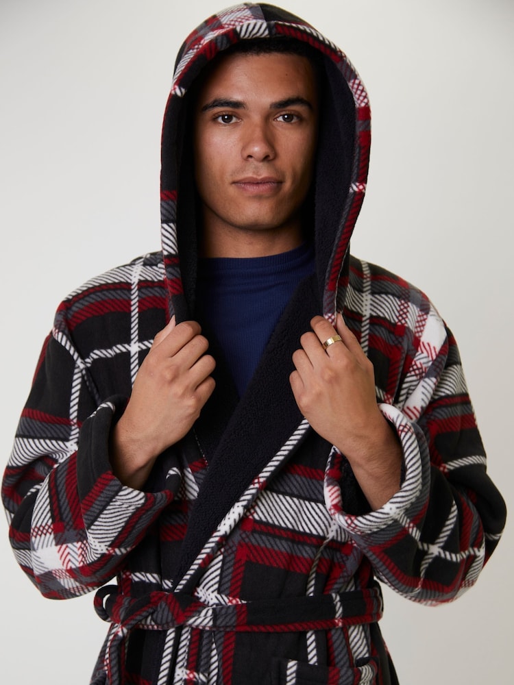Loungeable Red Check Bonded Fleece Lined Hooded Dressing Gown - Image 5 of 5 Loungeable Red Check Bonded Fleece Lined Hooded Dressing Gown - Image 5 of 5