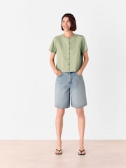 Whistles Green Round Neck Button Up T-Shirt - Image 2 of 5