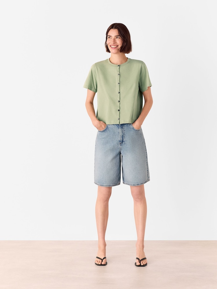 Whistles Green Round Neck Button Up T-Shirt - Image 2 of 5