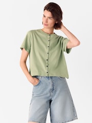 Whistles Green Round Neck Button Up T-Shirt - Image 5 of 5