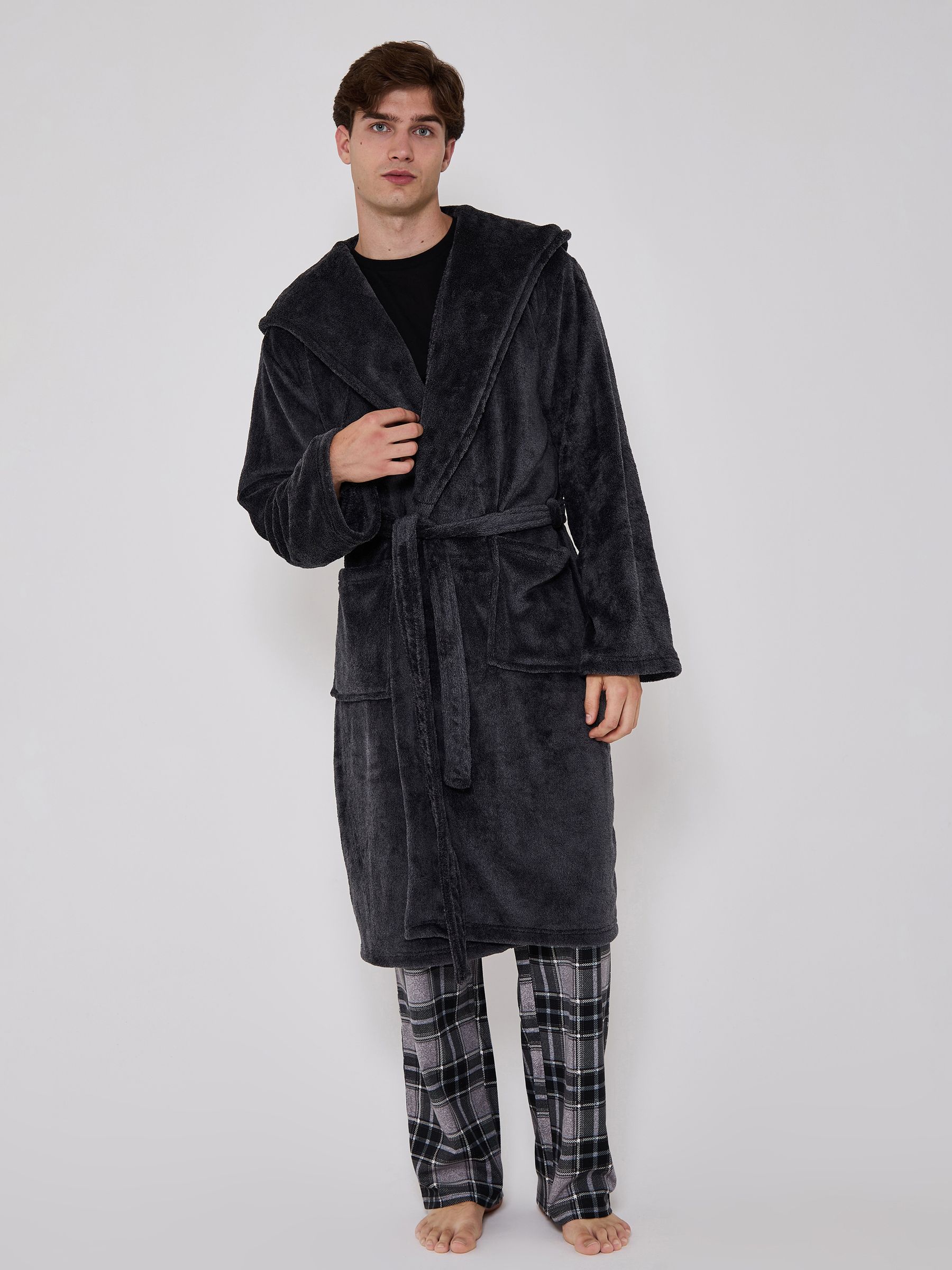 Loungeable Men's Grey Textured Hooded Dressing Gown