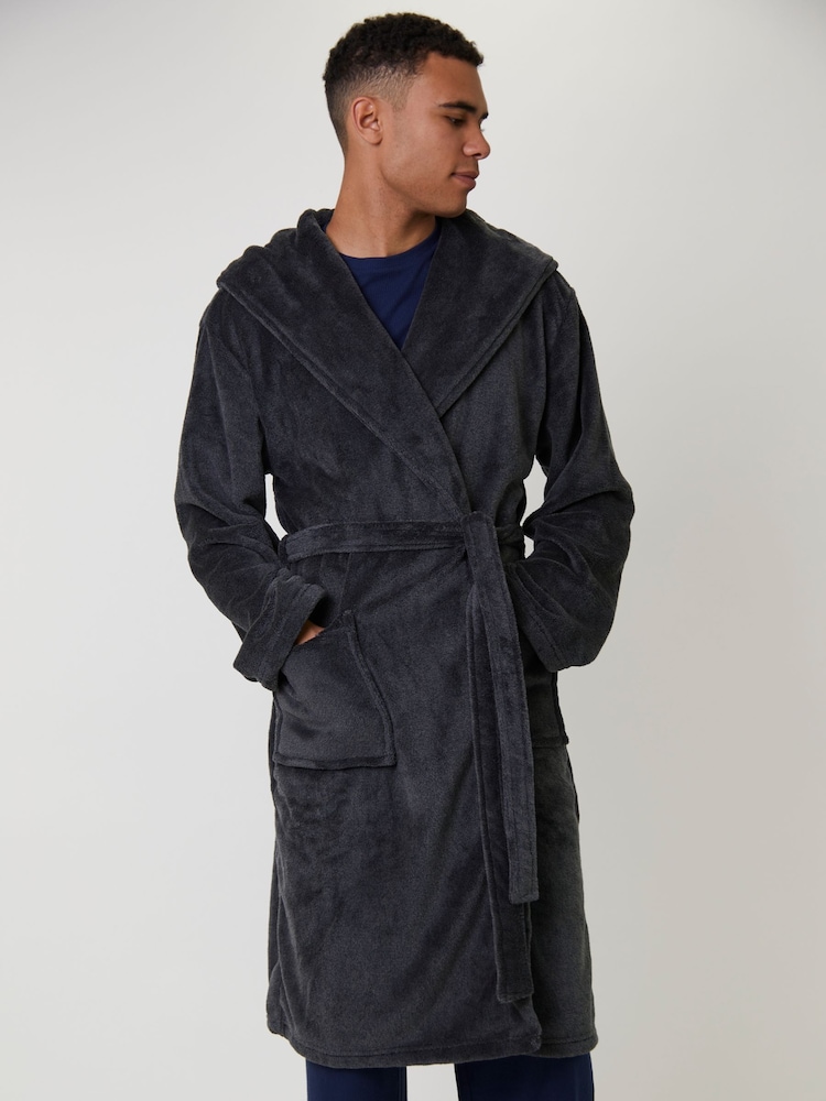 Loungeable Grey Textured Hooded Mens Dressing Gown - Image 1 of 6 Loungeable Grey Textured Hooded Mens Dressing Gown - Image 1 of 6