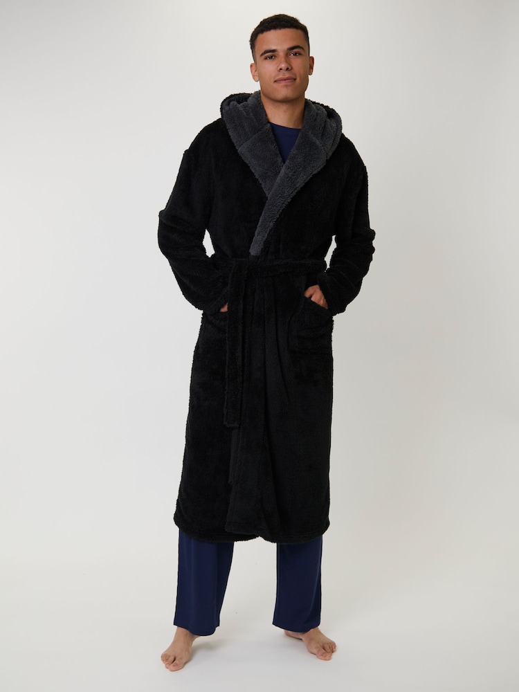 Loungeable Black Contrast Collar Hooded Maxi Dressing Gown - Image 1 of 5