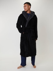 Loungeable Black Contrast Collar Hooded Maxi Dressing Gown - Image 2 of 5