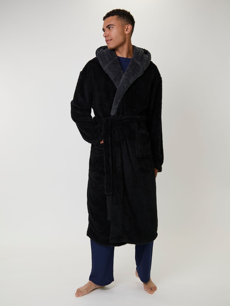 Loungeable Black Contrast Collar Hooded Maxi Dressing Gown - Image 2 of 5