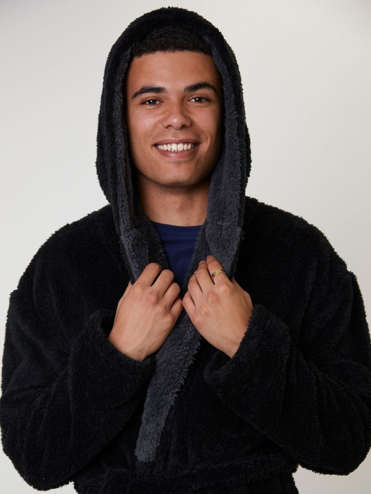 Loungeable Black Contrast Collar Hooded Maxi Dressing Gown - Image 5 of 5 Loungeable Black Contrast Collar Hooded Maxi Dressing Gown - Image 5 of 5