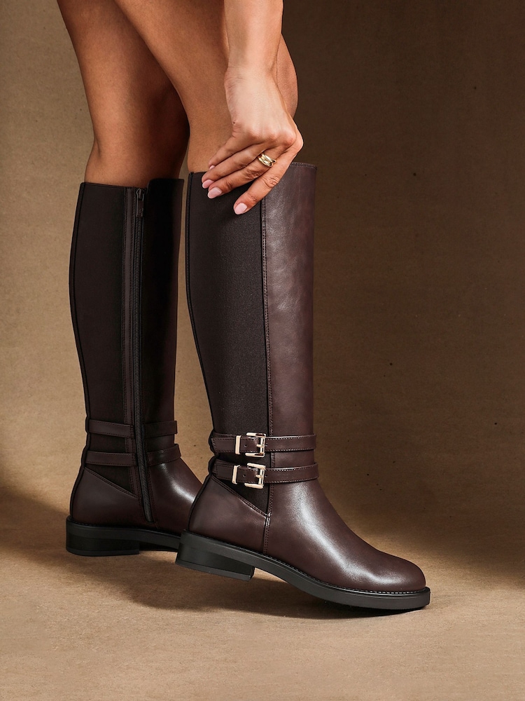 Linzi Brown Fierce High Leg Boots With Double Buckle Detail - Image 1 of 6 Linzi Brown Fierce High Leg Boots With Double Buckle Detail - Image 1 of 6