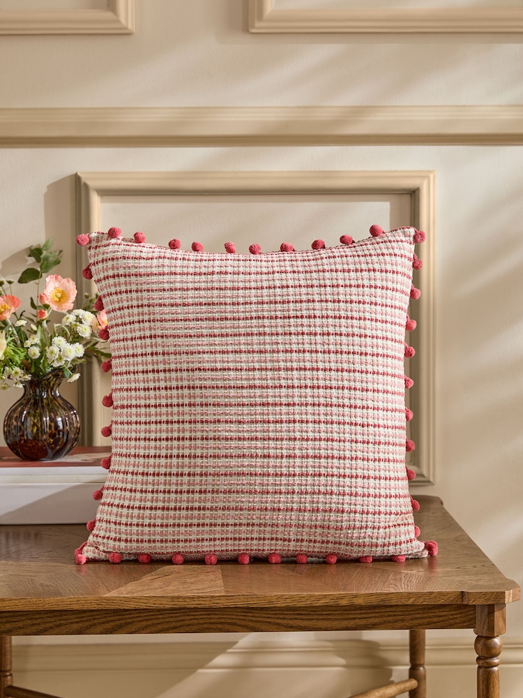 Nina Campbell Red Woven Pom Cushion - Image 1 of 5 Nina Campbell Red Woven Pom Cushion - Image 1 of 5