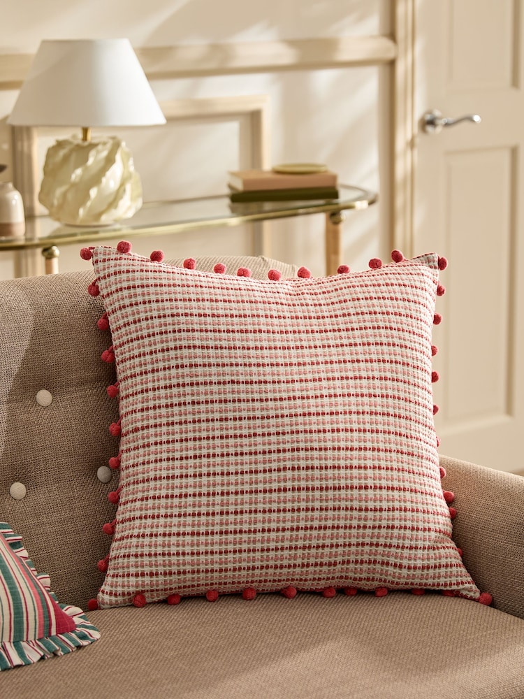 Nina Campbell Red Woven Pom Cushion - Image 2 of 5 Nina Campbell Red Woven Pom Cushion - Image 2 of 5