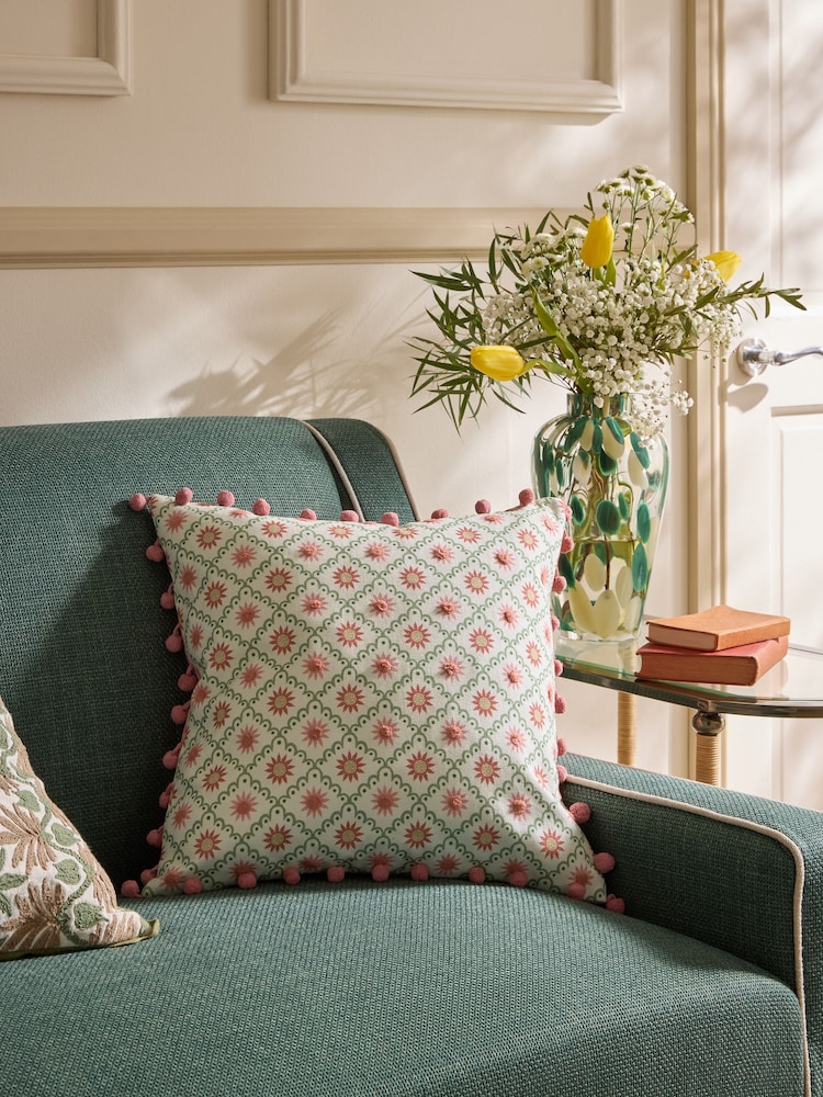 Nina Campbell Pink Star Trellis Pom Cushion - Image 2 of 5