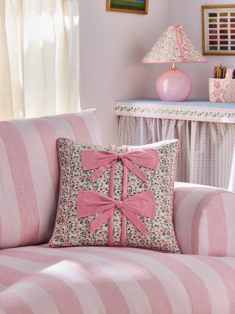 Cath Kidston Pink Ditsy Bows Cotton Cushion - Image 1 of 6