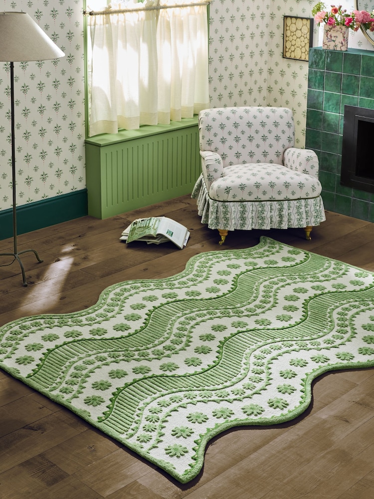 Cath Kidston Green Spitalfields Wiggle Wool Tufted Rug - Image 1 of 5