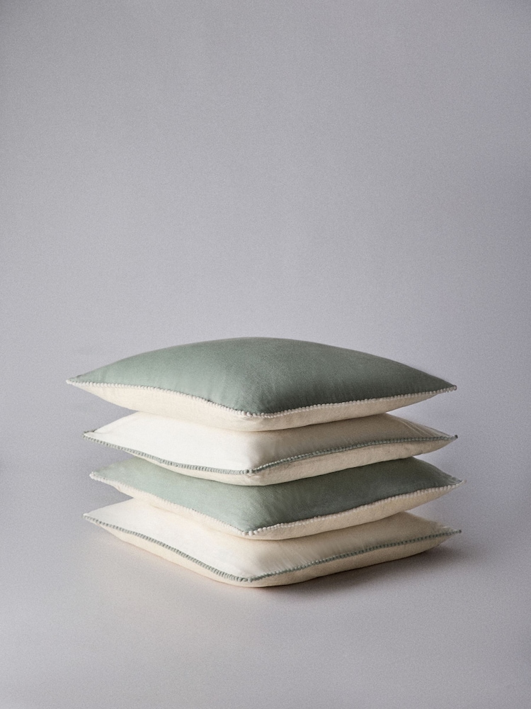 The Set 4 Pack Green/Natural Cotton Linen Pom Pom Cushion Covers - Image 2 of 4 The Set 4 Pack Green/Natural Cotton Linen Pom Pom Cushion Covers - Image 2 of 4