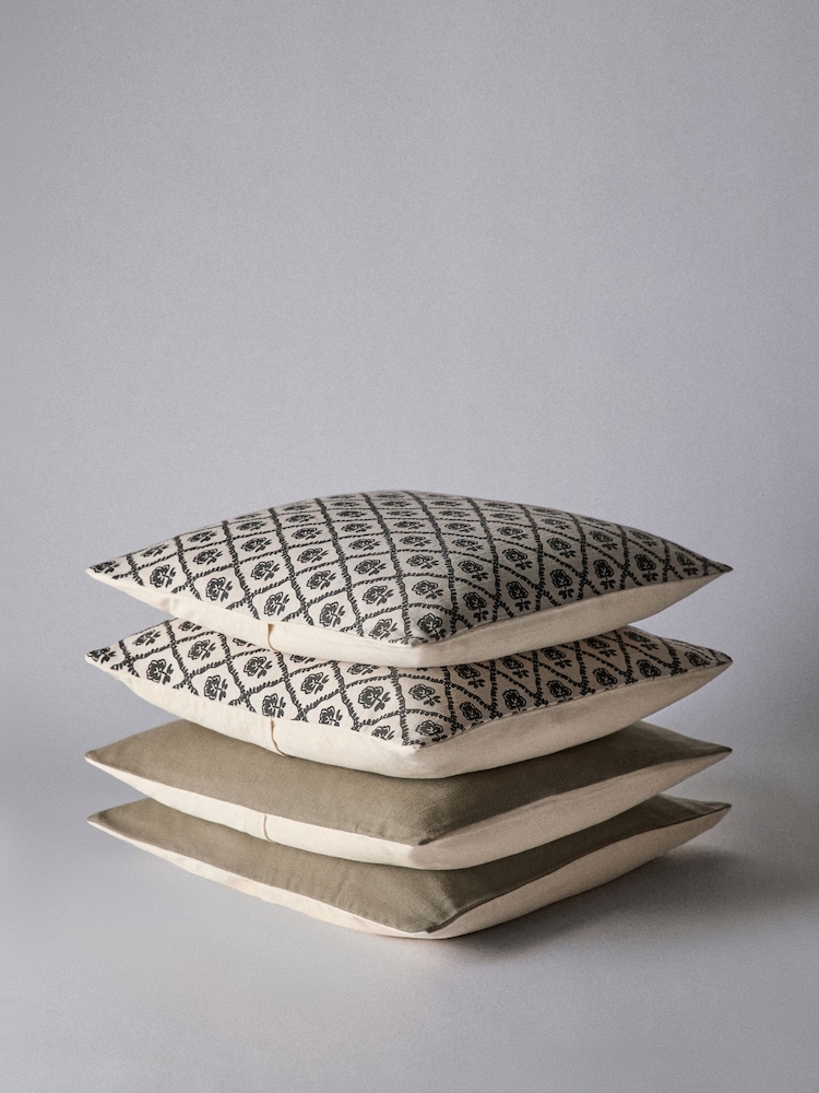 The Set 4 Pack Natural Woodblock Printed Cotton Cushion Covers - Image 1 of 4 The Set 4 Pack Natural Woodblock Printed Cotton Cushion Covers - Image 1 of 4