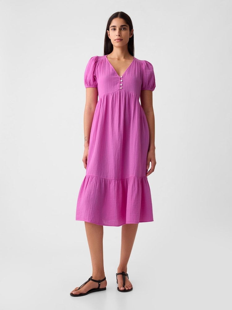 Gap Pink Crinkle Gauze V Neck Midi Dress - Image 2 of 6