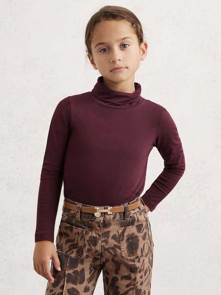 Reiss Burgundy Carey Cotton-Jersey Roll-Neck Top with Stretch - Image 1 of 4 Reiss Burgundy Carey Cotton-Jersey Roll-Neck Top with Stretch - Image 1 of 4