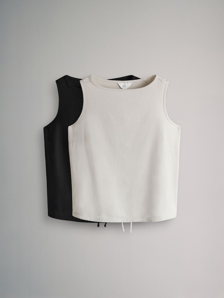 The Set 2 Pack Tie Hem Tops With Linen Black/Stone - Image 1 of 5