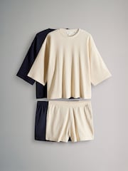 The Set 2 Pack Oversized T-Shirt and Short Waffle Lounge Set Navy/Taupe Brown - Image 1 of 6