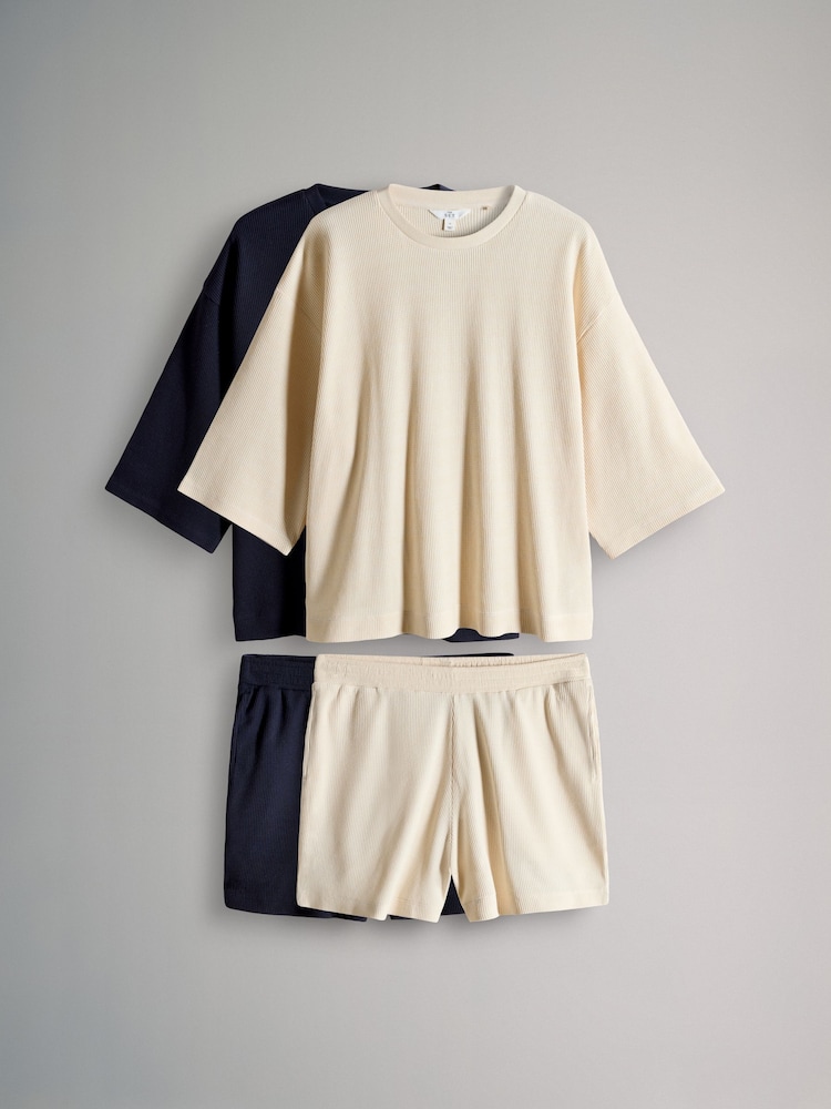 The Set 2 Pack Oversized T-Shirt and Short Waffle Lounge Set Navy/Taupe Brown - Image 1 of 6