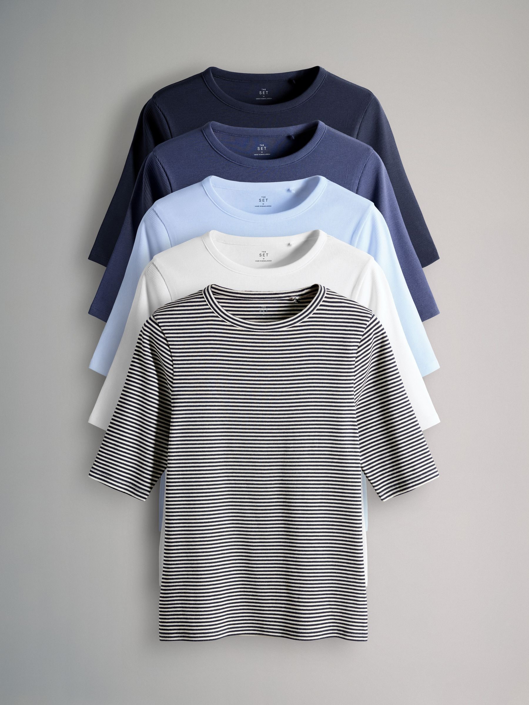 Buy The Set 5 Pack Ribbed Half Sleeve T-Shirts Navy/Blue/Light