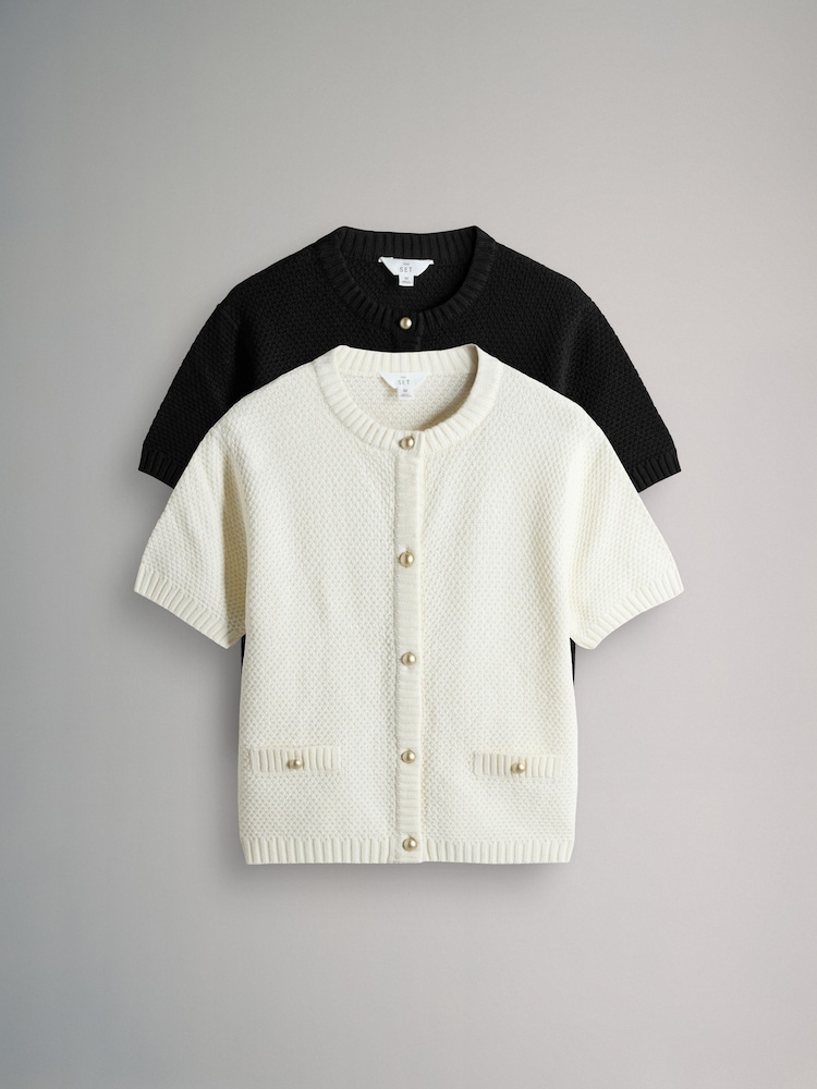 The Set Cream/Black 2 Pack Gold Button Knitted Short Sleeve Cardigans - Image 2 of 5 The Set Cream/Black 2 Pack Gold Button Knitted Short Sleeve Cardigans - Image 2 of 5