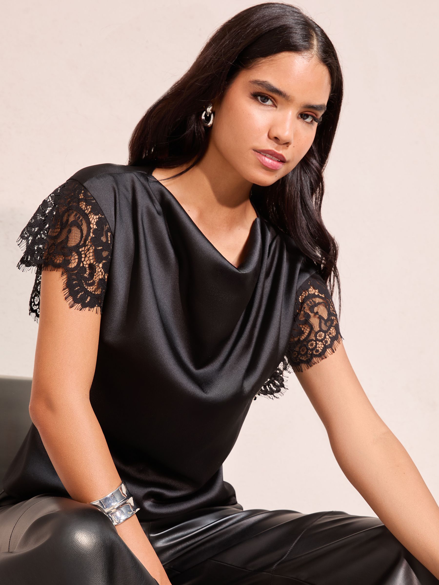 Buy Friends Like These Black Satin Lace Detail Cowl Neck Blouse