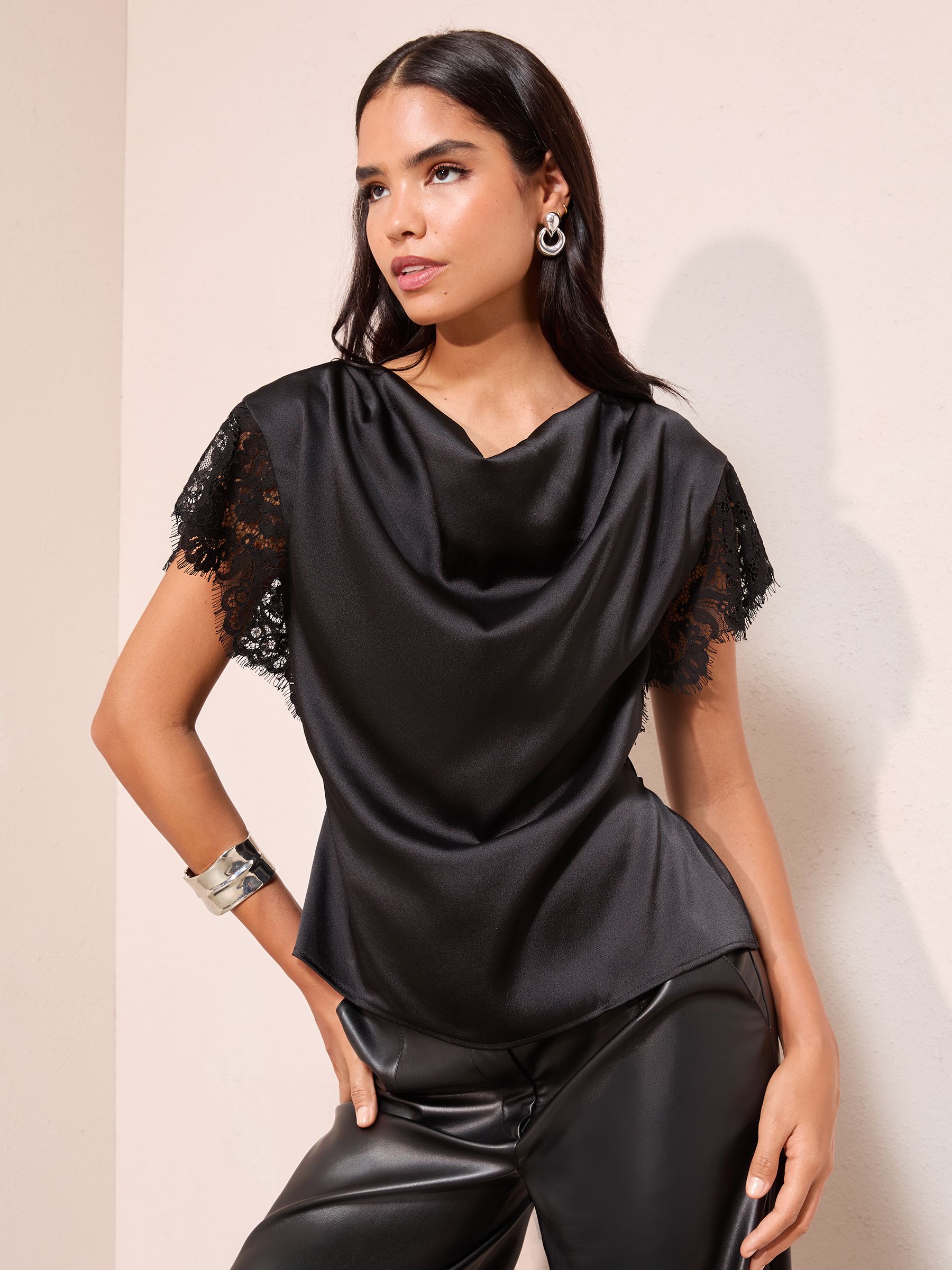 Buy Friends Like These Black Satin Lace Detail Cowl Neck Blouse