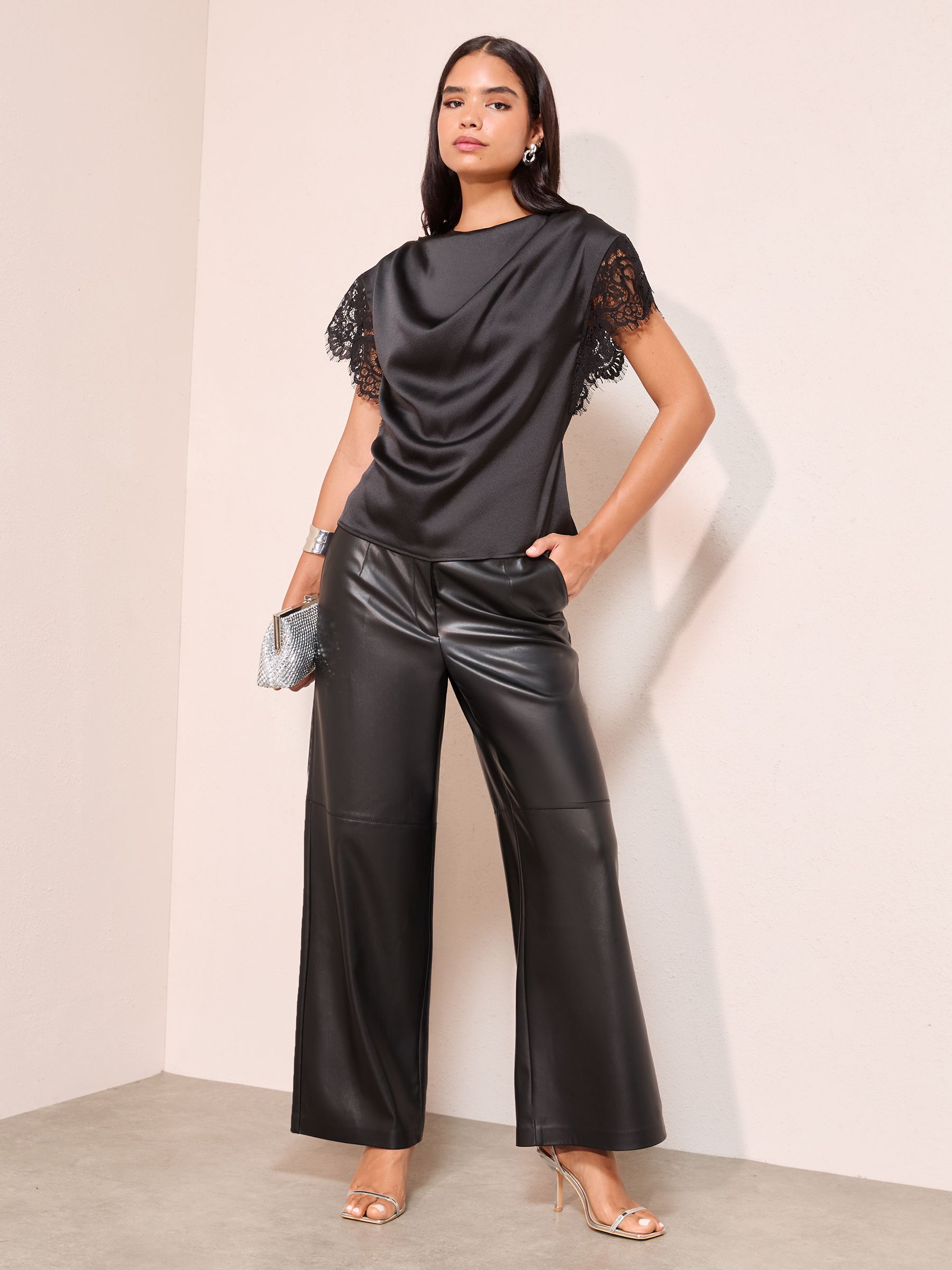 Buy Friends Like These Black Satin Lace Detail Cowl Neck Blouse